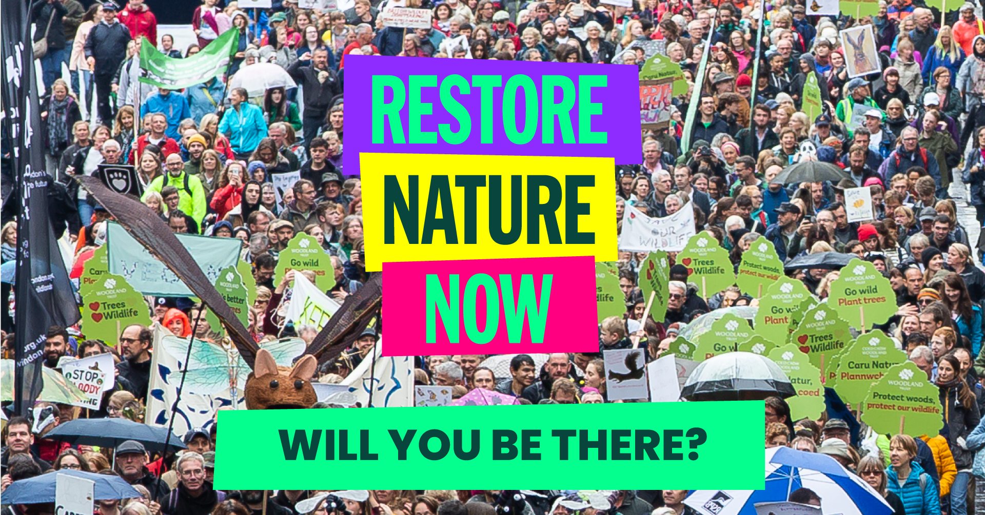 An image of people marching with the Rstore Nature Now logo