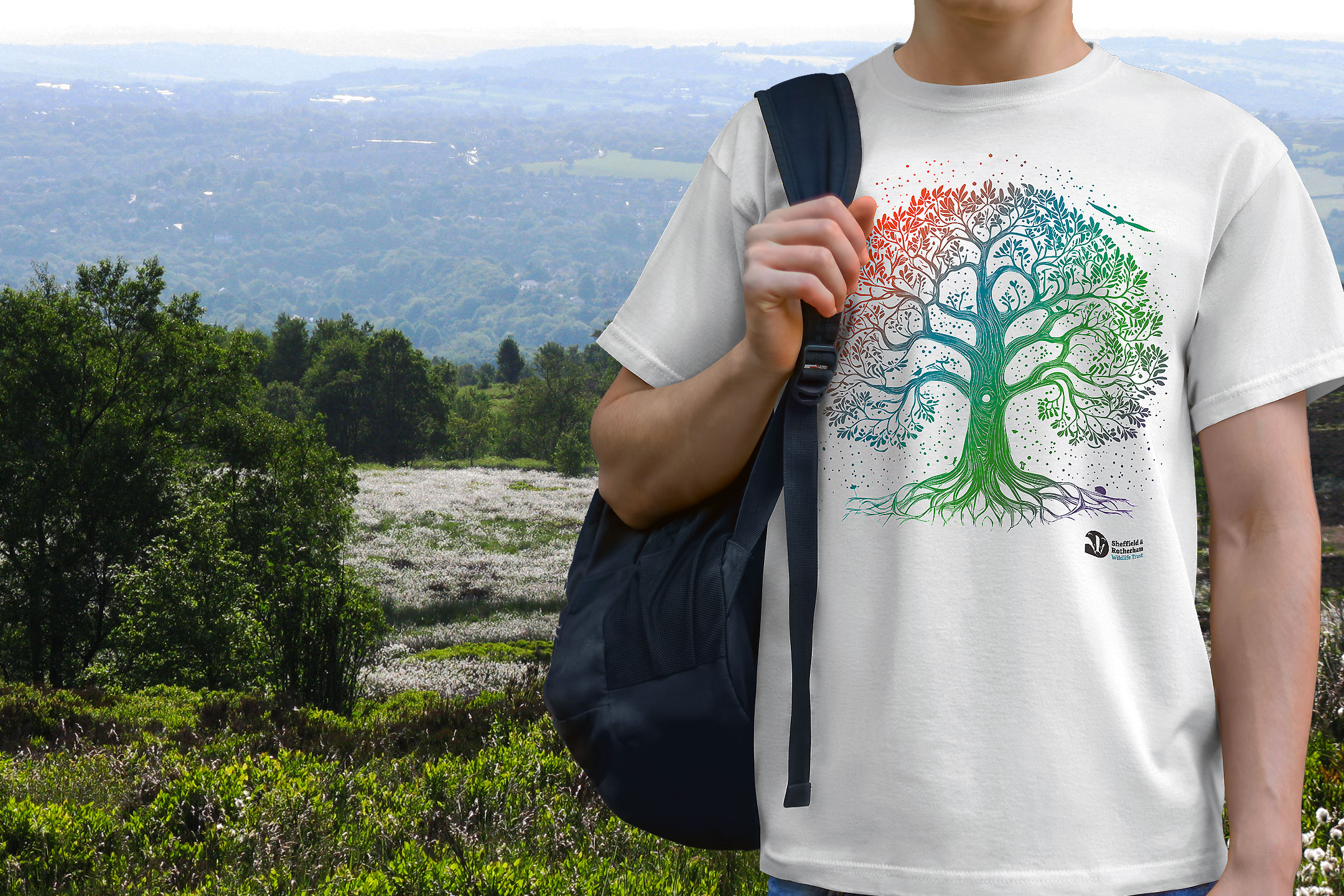 Nature Inspired Tree T-Shirt design by James Hargreaves worn by a walker at Blacka Moor Nature Reserve