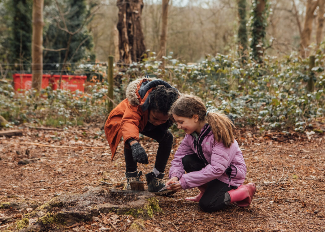 Children picking up stick in woodland